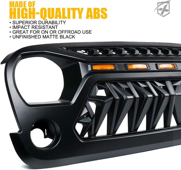 Front Grill Mesh Grille Cover Matte Black with Amber LED Running Lights for 2007-2018 Jeep Wrangler JK JKU Accessories & Unlimited Rubicon Sahara Sport, ABS