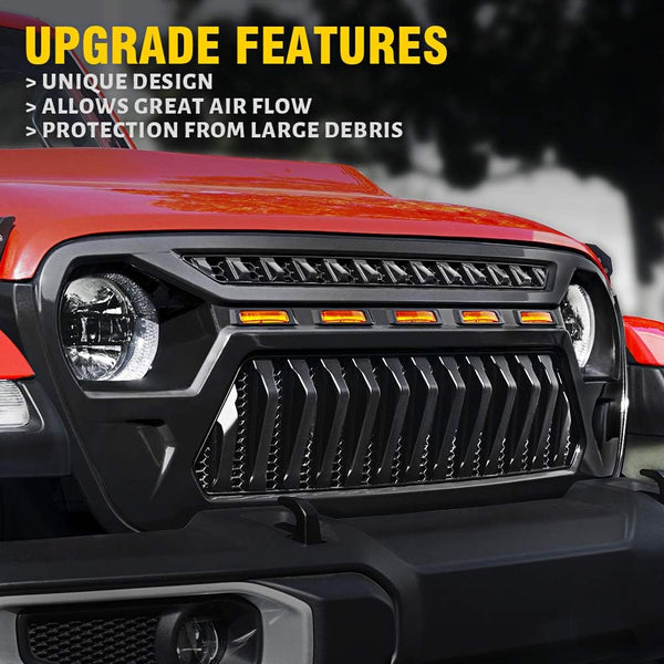 Mesh Grille Front Grill Cover Matte Black with Amber LED Running Lights for 2018 and Up Jeep Wrangler JL JLU JT Gladiator Accessories