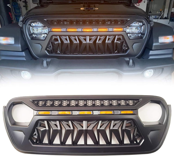 Mesh Grille Front Grill Cover Matte Black with Amber LED Running Lights for 2018 and Up Jeep Wrangler JL JLU JT Gladiator Accessories