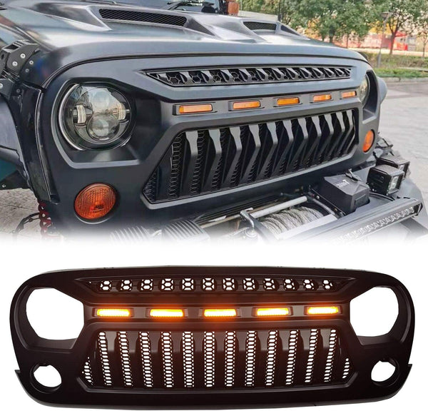 Front Grill Mesh Grille Cover Matte Black with Amber LED Running Lights for 2007-2018 Jeep Wrangler JK JKU Accessories & Unlimited Rubicon Sahara Sport, ABS