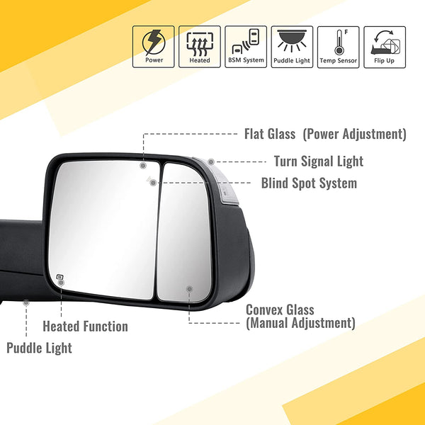 Towing Mirrors for 2019-2022 Ram 1500 - Dodge Tow Mirror with Power Glass Heated Turn Signal Light Puddle Lamp Temp Sensor Flip up Pair Set