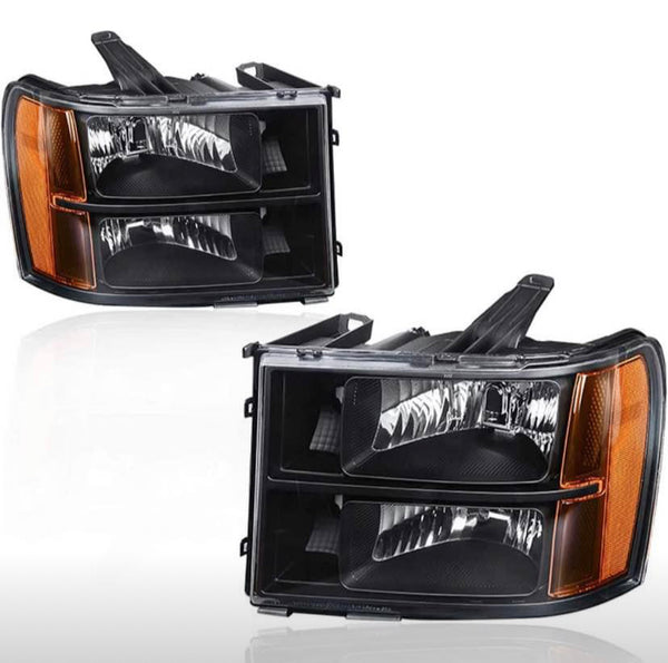 Headlights Assembly Compatible with 2007-2013 GMC Sierra 1500/2007-2014 Sierra 2500HD 3500HD Headlamps Replacement Black Housing with Amber Reflector Clear Lens